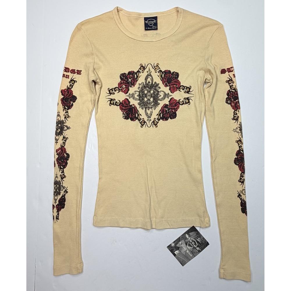 Sledge USA Womens Small Gothic Rose Tattoo Print Ribbed Long Sleeve Shirt BNWT